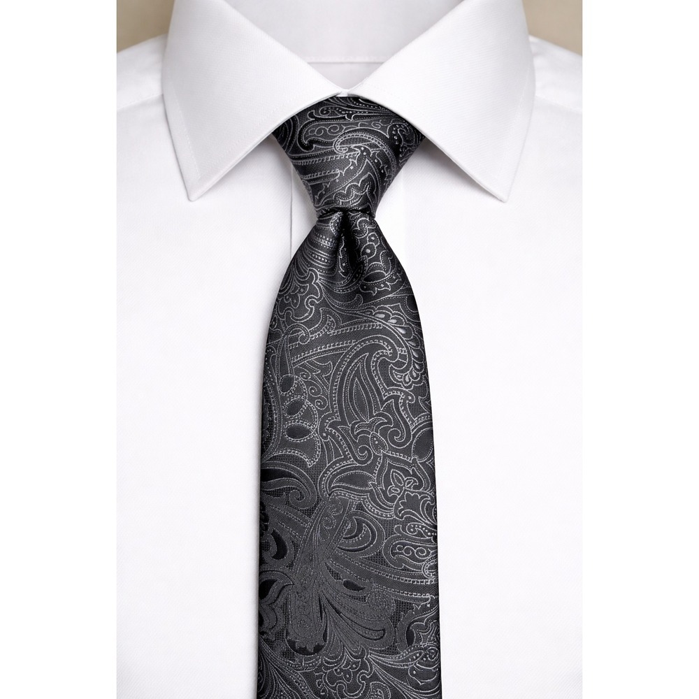 Black Silver White Paisley Men's Necktie Standard Length and Width EUC